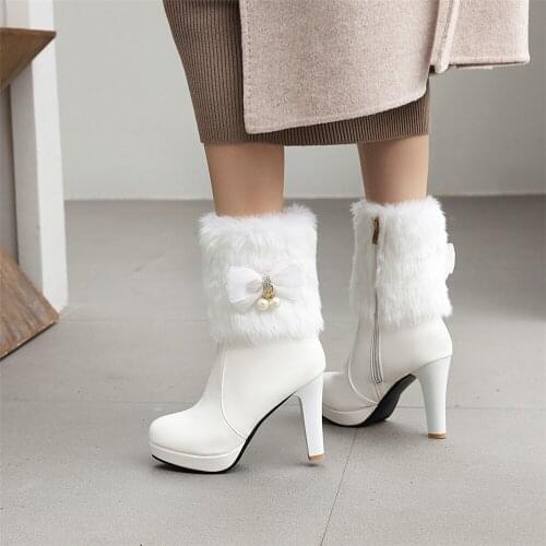 Womens Winter Fashion 2020 Warm Fur High-heeled Boots Pink White Black Tassel Bowtie Lovely Lolita Ladies Party Wedding Shoes