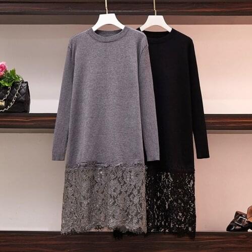 Nkandby Plus Size Knitted Dress 2021 Autumn And Winter New Large Women Lace Patchwork Round Neck Knee-length Knitting Dresses