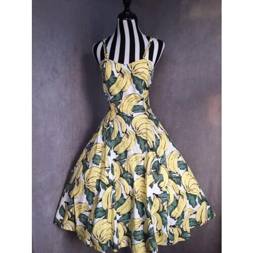 30- summer women vintage 50s rockabilly pinup yellow banana spaghetti strap midi swing dress plus size sundress vestido jurken