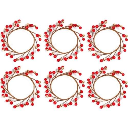 6Pcs Candle Rings for Pillars,Red and Gold, Small Wreaths for Christmas,Rustic Wedding Centerpiece or Table Decoration