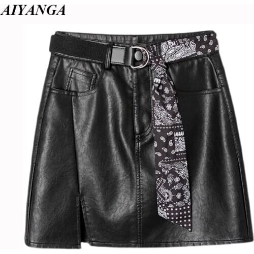 Black PU Leather Skirts Womens 2021 New Mini Skirts Sexy High Waist Bodycon Split Belted Faux Leather Skirt Punk Gothic Clothes