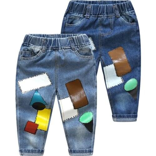 2021 Casual Spring Autumn 2 10 Years 90 140cm Handsome Children Color Patchwork Pocket Elastic Cartoon Loose Denim Jeans For Boy
