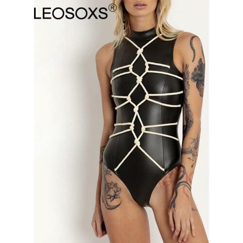 Elegant Pu Leather Bodysuit Womens Summer Jumpsuit Female 2021 Night Club Tops Sexy Rompers Bodycon Body Suit Black Bodysuits