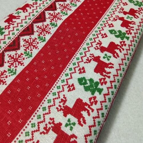 Classic Christmas Red Deer Snowflake & Green Tree Printed Cotton Linen Fabric 48x110cm For DIY Sewing Curtain Tablecloth Bag