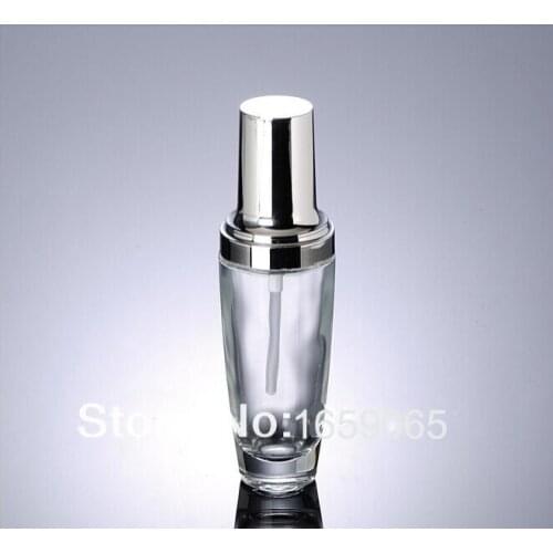 30ML transparent glass bottle with silver press pump glass bottle lotion bottle ,BB Cream bottle for Cosmetic Packaging