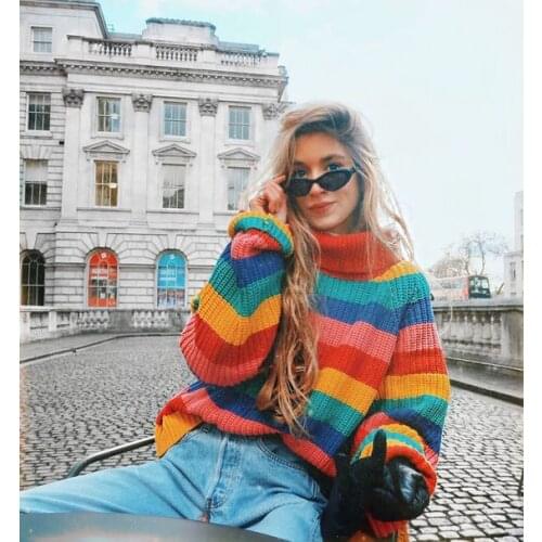 Rainbow Turtleneck Sweaters Women Winter 2018 Jumpers Knitted Clothes Fashion Striped Oversized Pullover Female Sale