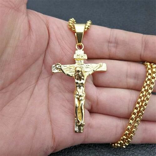 Crucifix Jesus Christ Men Jewelry Gold Color Stainless Steel Cross Pendant With Neck Chain Necklaces For Man Dropshipping XL1028