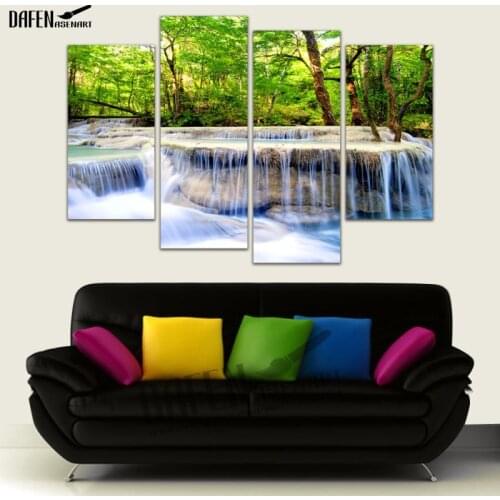 Modern Canvas Hd Printed Paintings Framed 4 Panel Green Tree Waterfall Landscape Painting Nature Pictures New Wall Art For Room