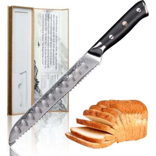 SUNNECKO 8" inch Bread Knife Kitchen Knives 73 Layers Damascus Razor Sharp Steel High Quality VG10 Cutting Cake Knife G10 Handle