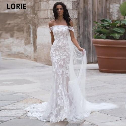 LORIE Mermaid Wedding Dresses with Long Train 2020 Off the Shoulder Boho Lace Bridal Gowns Champagne Princess Party Dress 2021