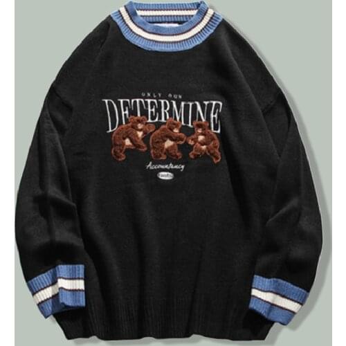 Hip Hop Bear Embroidery Letter Print Knitted Sweaters Mens Harajuku Streetwear Casual Sweaters Campus Couple Patchwork Pullover