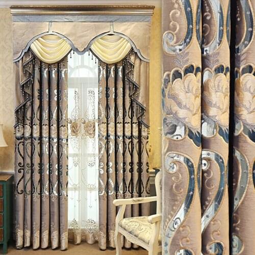 European Style Rice White Purple Coffee Velvet Embroidered Cloth Curtain for Living Dining Room Bedroom Villa window screen