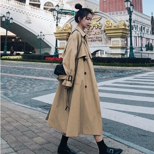 Windbreaker Womens mid-length 2020 Spring Autumn new Korean style Loose Retro British style khaki waist Long Trench Coat M648