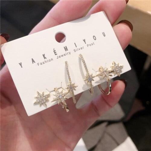 Eight-pointed star 6-piece set of wild micro-inlaid zircon earrings ear bone clip