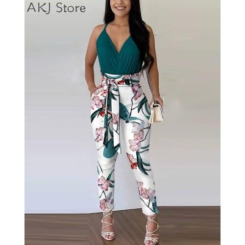 Summer Women Ruched Top & Floral Print Pants Colorblock Set Overalls