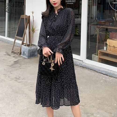 2021 Spring Korean Long Dress Women Printed Ruffled Floral Chiffon Dress Long Sleeve Elegant Summer Dress 13196