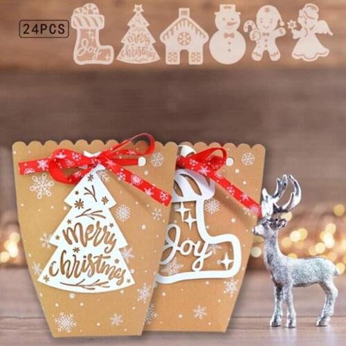 12/24pcs Christmas snowflake Kraft Paper Candy Box Gift Food Cookie Candy Packaging Gift Favor Box Merry Christmas Party Decor