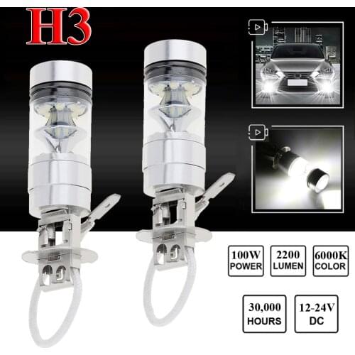 2pcs H3 LED Fog Light 100W Super Bright Chips Car Driving Bulb 12/24V White