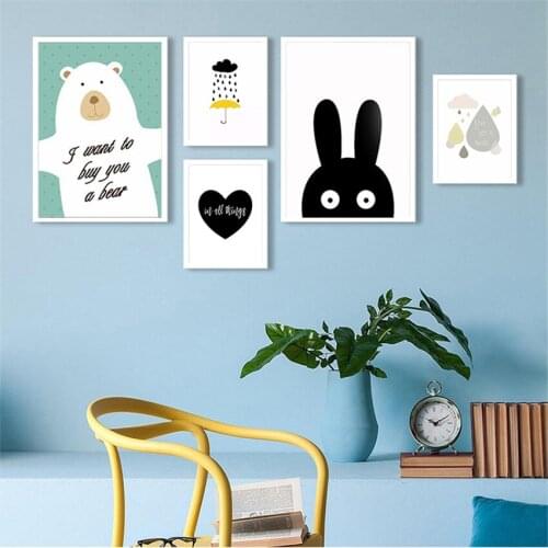Nordic style Kids decoration Pictures Black White Animals Rabbit children Wall Art Canvas Painting for Living Room Home Decor