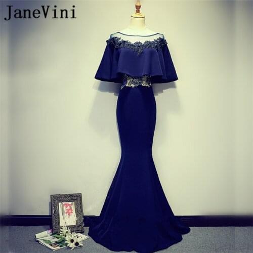 JaneVini Mother Of The Bride Dresses Mermaid Sweep Train Beaded Lace Navy Blue Noble Long Satin Godmother Party Evening Dress
