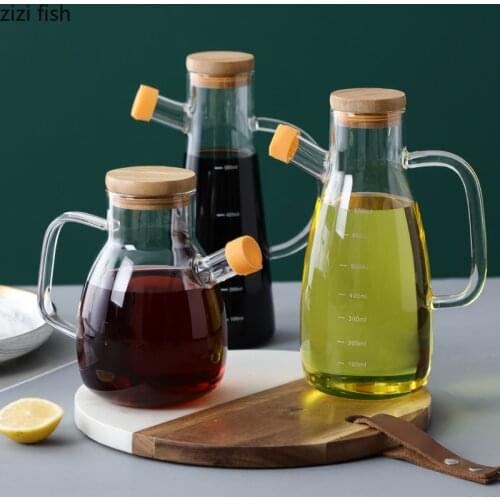 European Transparent Glass Oil Can Vinegar Bottle with Wooden Lid Household Leak-proof Large-capacity Soy Sauce Seasoning Bottle