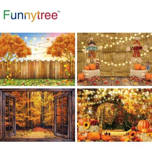 Funnytree Autumn Pumkin Backdrop Falling Leaves Lights Thanksgiving Family Trees Wood Fence Halloween Photozone Background
