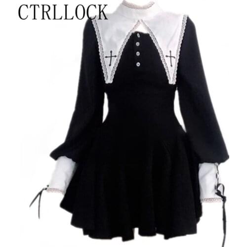 CTRLLOCK Gothic Lolita Long Sleeve Dress Women Cross Collar High Waist Lace Up A-line Dresses Female Vestidos