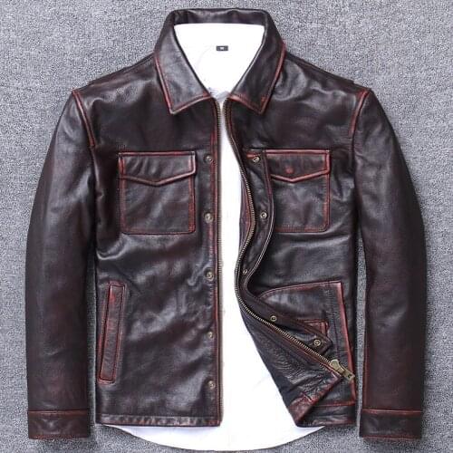 Multicolor Optional Manual Wipe Color Head Layer Cowhide Locomotive Serve Clothing Genuine Leather Lapel Motorcycle winter Warm