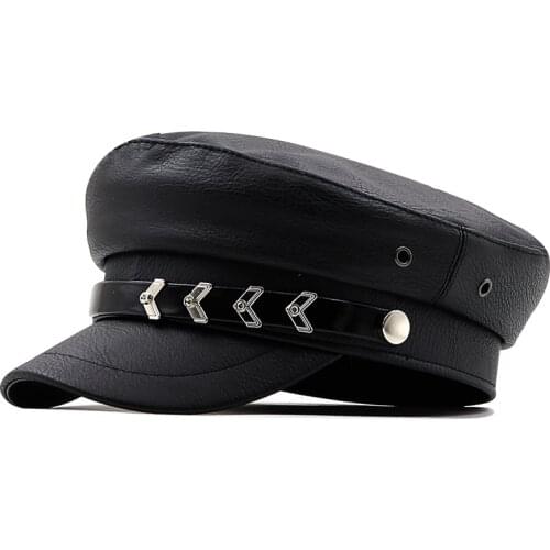 New Women Flat Topped Bright Pu Leather Beanie Autumn Winter Black Military Hat Girl Beret Fashion Classic Retro Cap