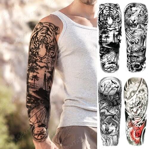 Large Arm Sleeve Tattoos Tiger Palm Lighthouse Waterproof Temporary Tatto Sticker Compass Beach Body Art Full Fake Tatoo Women