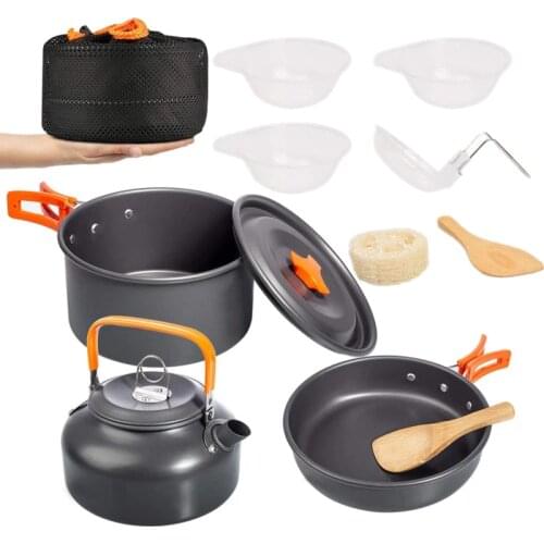 Camping Cookware Set Aluminum Nonstick Pots Pans Water Kettle Cooker BBQ Tableware Camp Kitchen Equipment For Backpacking Hiking