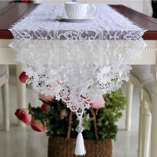Luxury Embroidered White Lace Table Runner for Wedding Accessories Tassel Pendant Table Runner Dining Coffee Table Decoration