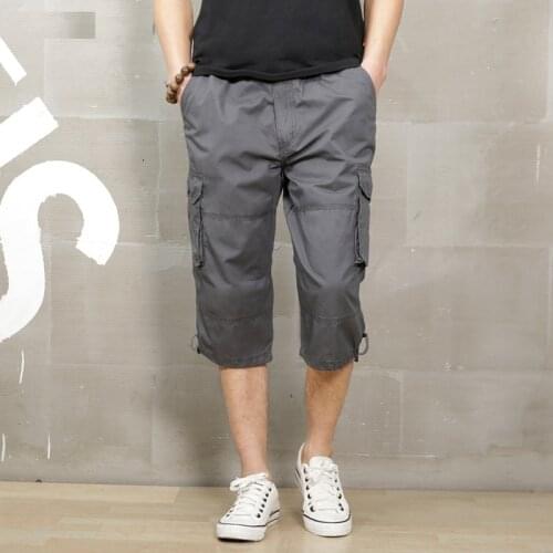 Long Length Cargo Shorts Men Knee Pocket Casual Cotton Elastic Waist Bermudas Male Military Style Summer Capri Breeche Army