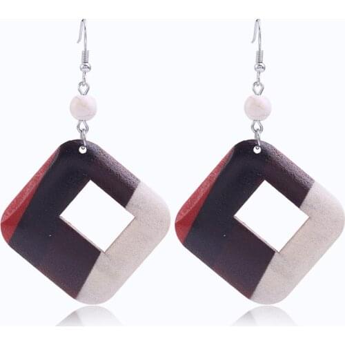 Fooderwerk Jewelry Simple Fashion Geometric ZA Earrings Vintage Hollow Wooden Multicolor Color Matching Square Earrings Female