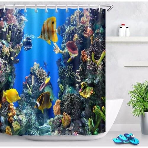 Underwater Aquatic Life Shower Curtain with Coral Reef Fishes Bathroom Waterproof Extra Long Polyester Fabric for Bathtub Decor
