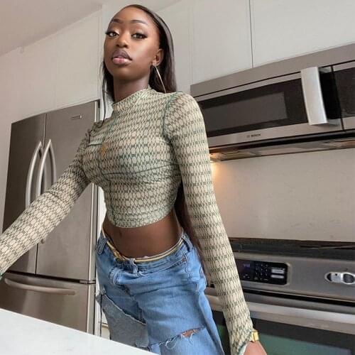 Cool Printed Sheer Mesh Long Sleeve Crop Top Y2k Aesthetic Woman Tshirts Cute Sexy Slim Fit Graphic T Shirts 2021