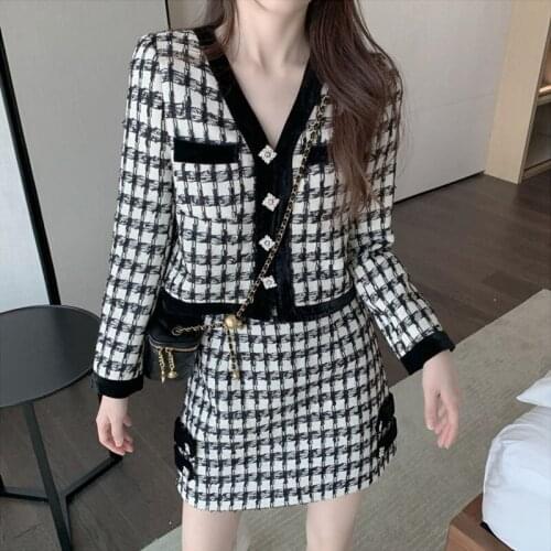 Autumn Plaid Knitted Two Piece Set Women Patchwork V-neck Long Sleeve Cardigans Tops + Mini Skirts Suit Female Vintage Korean