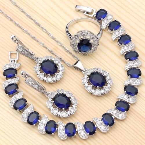 925 Silver Jewelry Kits For Women Blue Cubic Zirconia Ring Bracelet Pendant Earrings Necklace Set Jewelry Sets Silver Set