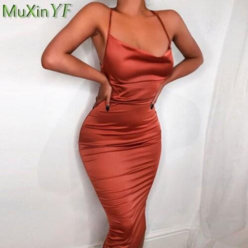 Womens Summer Sexy Satin Sheath Long Dress 2021 New Lady Club Dinner Party Camisole Outfits Solid Backless Lace Up Robe Female