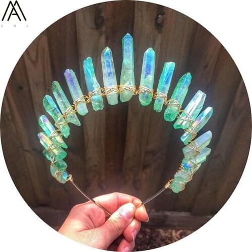 Gold Wire Wrapped Green AB Quartz Crystal Point Tiara Crown Fashion Women Crystal Metal Tiara Headband Hair Jewelry HG037AMCH