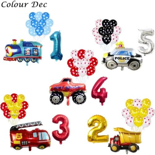 12pcs DIY Cartoon Car Balloons Engineering car Train tank Foil Balloon 1 2 3 4 5 6th Birthday Party Decoration Kids number ball