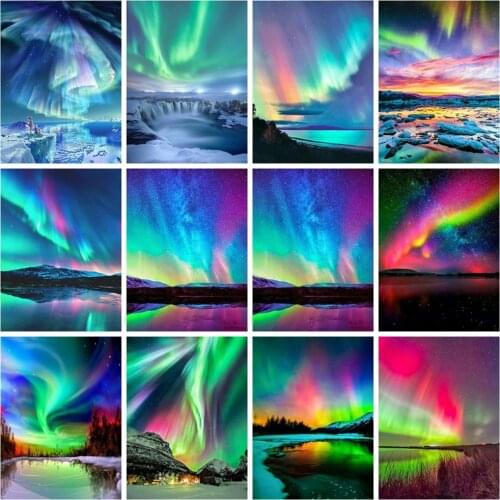 Huacan 5d Diy Diamond Painting Aurora Scenery Home Decor Diamond Embroidery Mosaic Color Aurora Landscape Wall Stickers