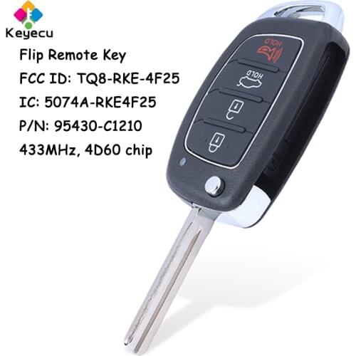 KEYECU Flip Remote Control Car Key With 4 Buttons 433MHz 4D60 Chip - FOB for Hyundai Sonata 2017 2018 2019 P/N: 95430-C1210