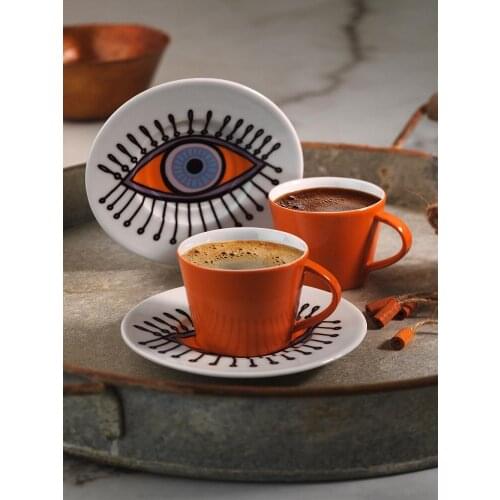Turkish coffee cup Orange colored set for 2 people, Nescafe , Espresso stylish Eye Pattern set