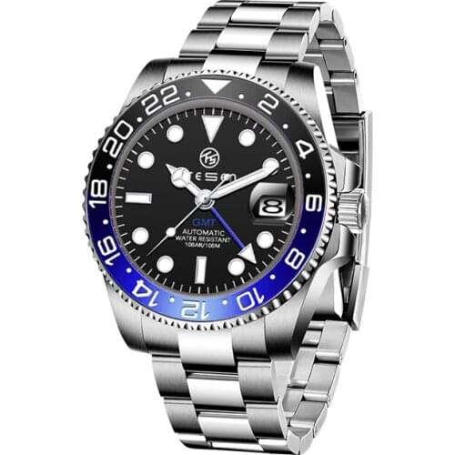 TESEN DESIGN Top Brand Sapphire Glass Mechanical Watch reloj hombre Luxury Men Automatic Wristwatch Stainless Steel GMT Watch