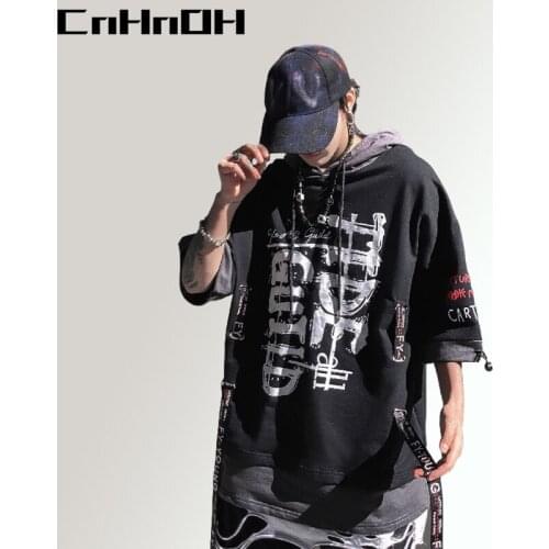 CnHnOH Hot Summer Japanese Tee Hip-Hop Hooded Short-Sleeved Hoodies Mens Personality Streamer Color Matching Two-Piece XH-A21
