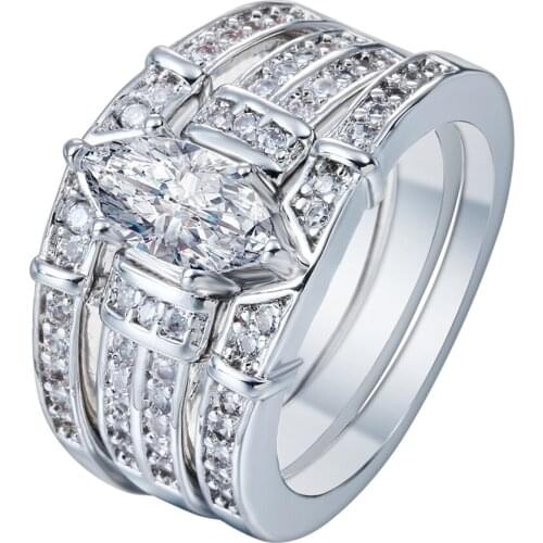 Hainon 3pcs Rings Sets for Lady Wedding Silver Color Jewelry Gift Princess Micro Paved White Zircon Engagement Ring sets