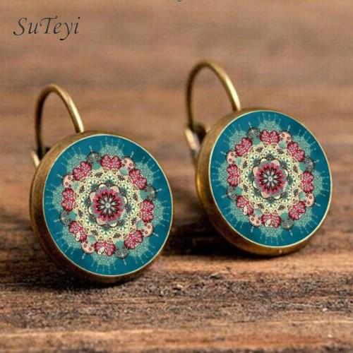 SUTEYI Classic Mandala Flower Glass Earrings Vintage Antique Gold Silver Color Earrings For Women Indian Zen Buddhism Jewelry