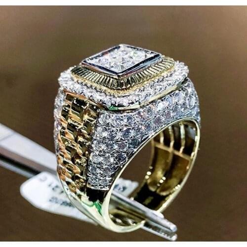 Hollow male hiphop ring Gold color Pave Crystal cz Big Statement Engagement Wedding Band Rings for men Vintage Party Jewelry