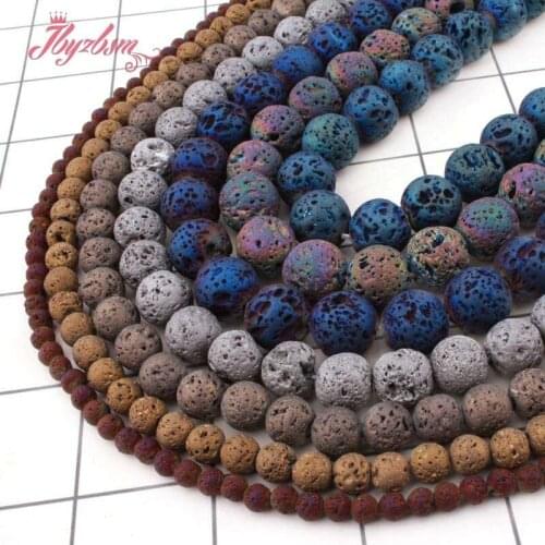 Round Beads Lava Rock Metallic Coated Plated Natural Stone Beads For Jewelry DIY Necklace Bracelet 15"4/6/8/10m Free Shipping